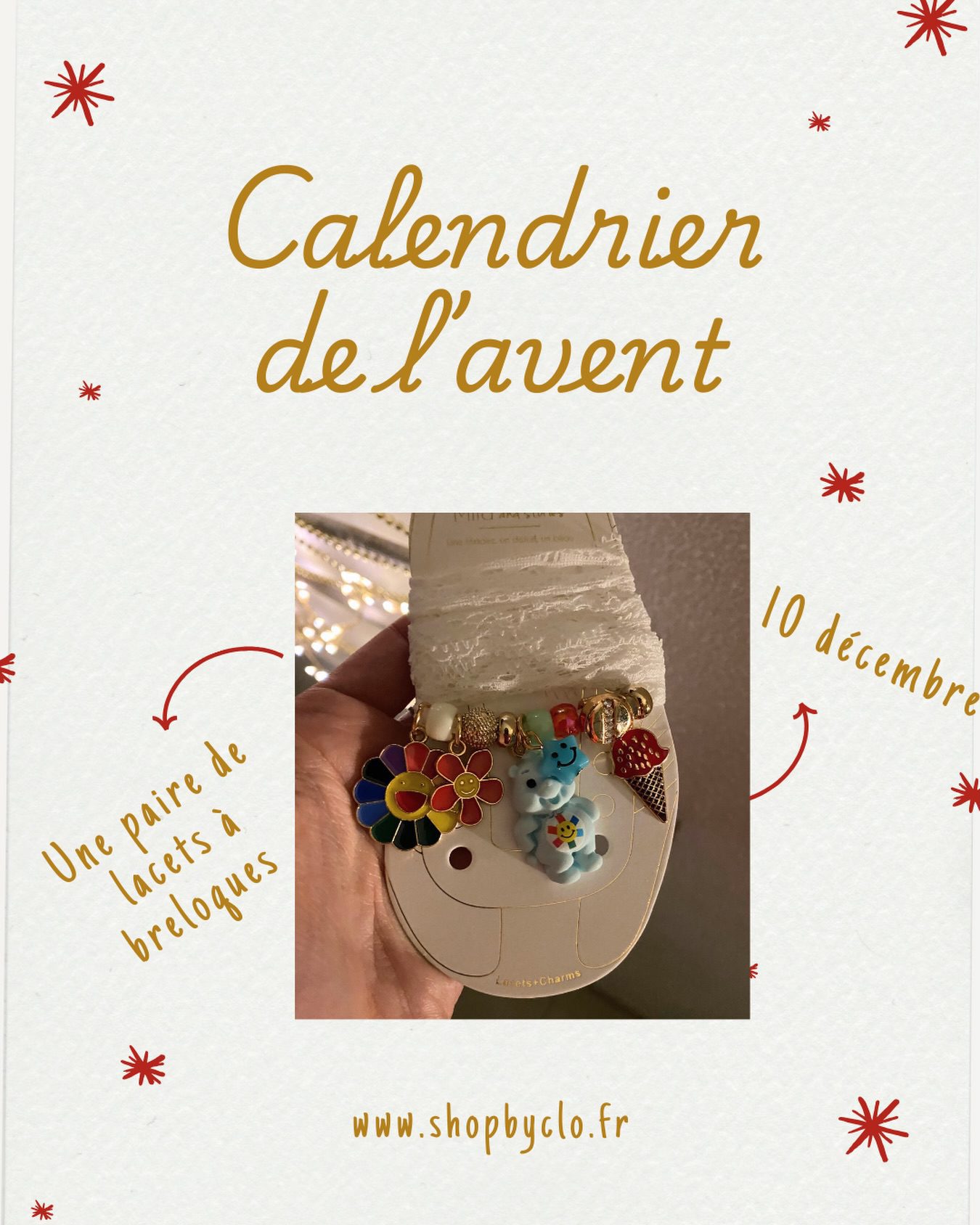 🎄 CALENDRIER DE L’AVENT – 10 décembre

Aujourd’hui, la case n°10 cache une paire de lacets en dentelle avec des breloques, à gagner 🎁

Pour participer :
1️⃣ Suivre @shopbyclo
2️⃣ Suivre @dailyaboutclo
3️⃣ Laisser un commentaire sous ce post en mentionnant une amie 

💫 Bonus (facultatif) : partager ce post en story pour doubler vos chances.

⸻

📍 Conditions :
• Ouvert à la France métropolitaine
• 1 participation par personne
• Tirage au sort demain en story
• Concours non sponsorisé ni administré par Instagram
• Envoi du cadeau offert par Shop by Clo

⸻

✨ Bonne chance à toutes ✨
Demain, on découvre ensemble la case n°11..🎁

Calendrier de l’Avent - Shop by Clo - cadeaux - Eshop mode