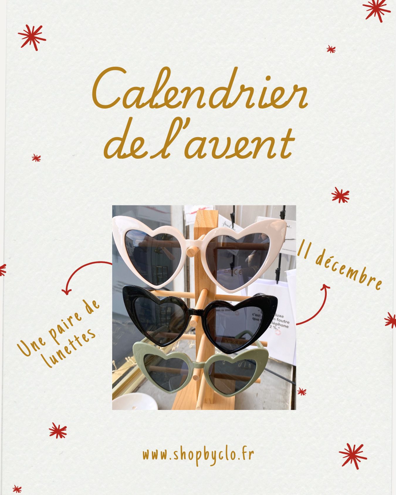 🎄 CALENDRIER DE L’AVENT – 11 décembre

Aujourd’hui, la case n°11 cache une paire de lunettes de soleil cœur, à gagner 🎁

Pour participer :
1️⃣ Suivre @shopbyclo
2️⃣ Suivre @dailyaboutclo
3️⃣ Laisser un commentaire sous ce post en mentionnant une amie 

💫 Bonus (facultatif) : partager ce post en story pour doubler vos chances.

⸻

📍 Conditions :
• Ouvert à la France métropolitaine
• 1 participation par personne
• Tirage au sort demain en story
• Concours non sponsorisé ni administré par Instagram
• Envoi du cadeau offert par Shop by Clo

⸻

✨ Bonne chance à toutes ✨
Demain, on découvre ensemble la case n°12..🎁

Calendrier de l’Avent - Shop by Clo - cadeaux - Eshop mode