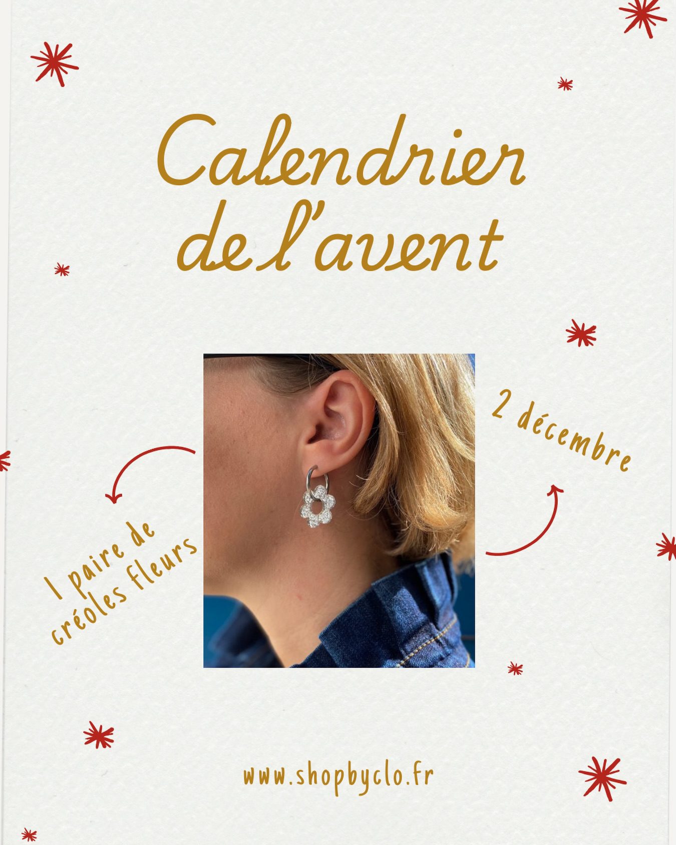 🎄 CALENDRIER DE L’AVENT – 2 décembre
On ouvre la deuxième case avec une de mes dernières créations. 
✨ Une paire de boucles d’oreilles créoles 🌸
Une touche de paillettes, un accessoire facile à porter et fait main. 

Pour participer :
1️⃣ Suivre @shopbyclo
2️⃣ Suivre @dailyaboutclo 
3️⃣ Suivre @clo_bijoux 
4️⃣ Laisser un commentaire sous ce post et mentionner une amie qui adore ce qui brille ✨

💫 Bonus facultatif : partager ce post en story pour doubler vos chances.

⸻

📍 Conditions :
• Ouvert à la France métropolitaine
• 1 participation par personne
• Tirage au sort demain, annoncé en story
• Concours non affilié ni sponsorisé par Instagram
• Envoi du cadeau offert par Shop by Clo

⸻

Et voilà, la magie commence…
Bonne chance à toutes ✨🎁✨
~
#calendrierdelavent #calendrierdelavent2025 #concoursnoël #concoursfrance