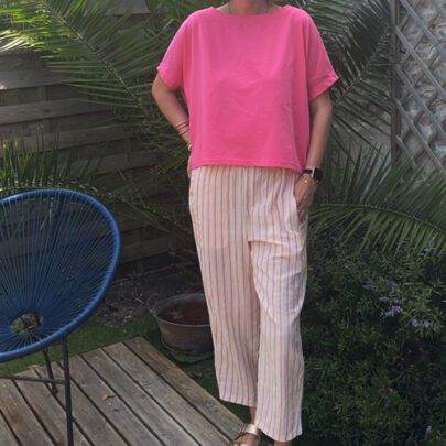 Pantalon Magic rayures rose jaune effet lin - Johanna Paris
