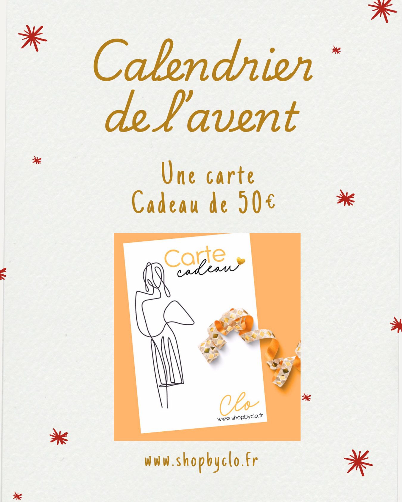 🌟 Dernière case du calendrier

Pas tout à fait comme je l’avais imaginée,
mais exactement comme je le ressens.

Ce calendrier de l’Avent, je l’ai commencé avec beaucoup d’envie,
je l’ai ralenti par manque de temps,
et je le termine aujourd’hui portée par tous les projets qui prennent forme.

Merci à celles qui ont joué,
à celles qui sont là depuis longtemps,
à celles qui passent en messages, en boutique, en silence aussi 🤍

Pour cette dernière case, j’avais envie de quelque chose de simple et symbolique :

🎁 une carte cadeau de 50 € à dépenser chez Shop by Clo, en boutique, pour prolonger la rencontre et l’expérience.

Pour participer :
– être abonnée à @shopbyclo & @dailyaboutclo 
– liker ce post
– commenter en me disant ce que vous aimez chez Shop by Clo (une pièce, une ambiance, une émotion…)

Tirage au sort le 27 décembre 2025. 

Merci d’être là.
L’aventure continue, autrement… mais toujours avec le même cœur ✨

Et vous, qu’est-ce qui vous fait revenir chez Shop by Clo ?

Calendrier de l’avent - cadeaux - Shop by Clo