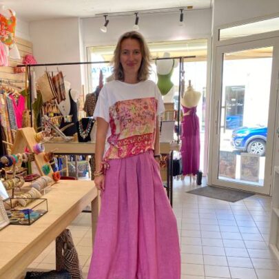 Pantalon large en lin rose